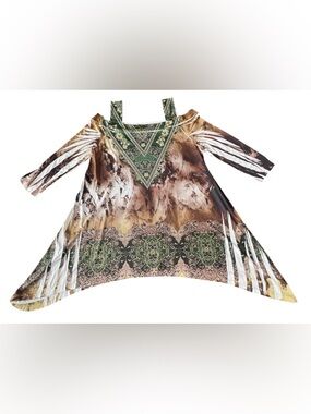 The Pyramid Collection Y2K Top Women’s L Cold Shoulder 3/4 Slv Green Brown Bling